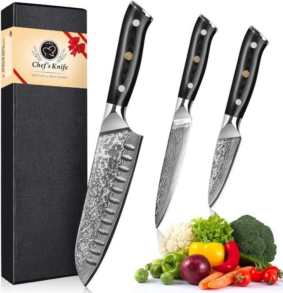 KingLux Messer-Set 3er Damastmesser Set Küchenmesser Damaststahl Chefmesser (3-tlg) von KingLux