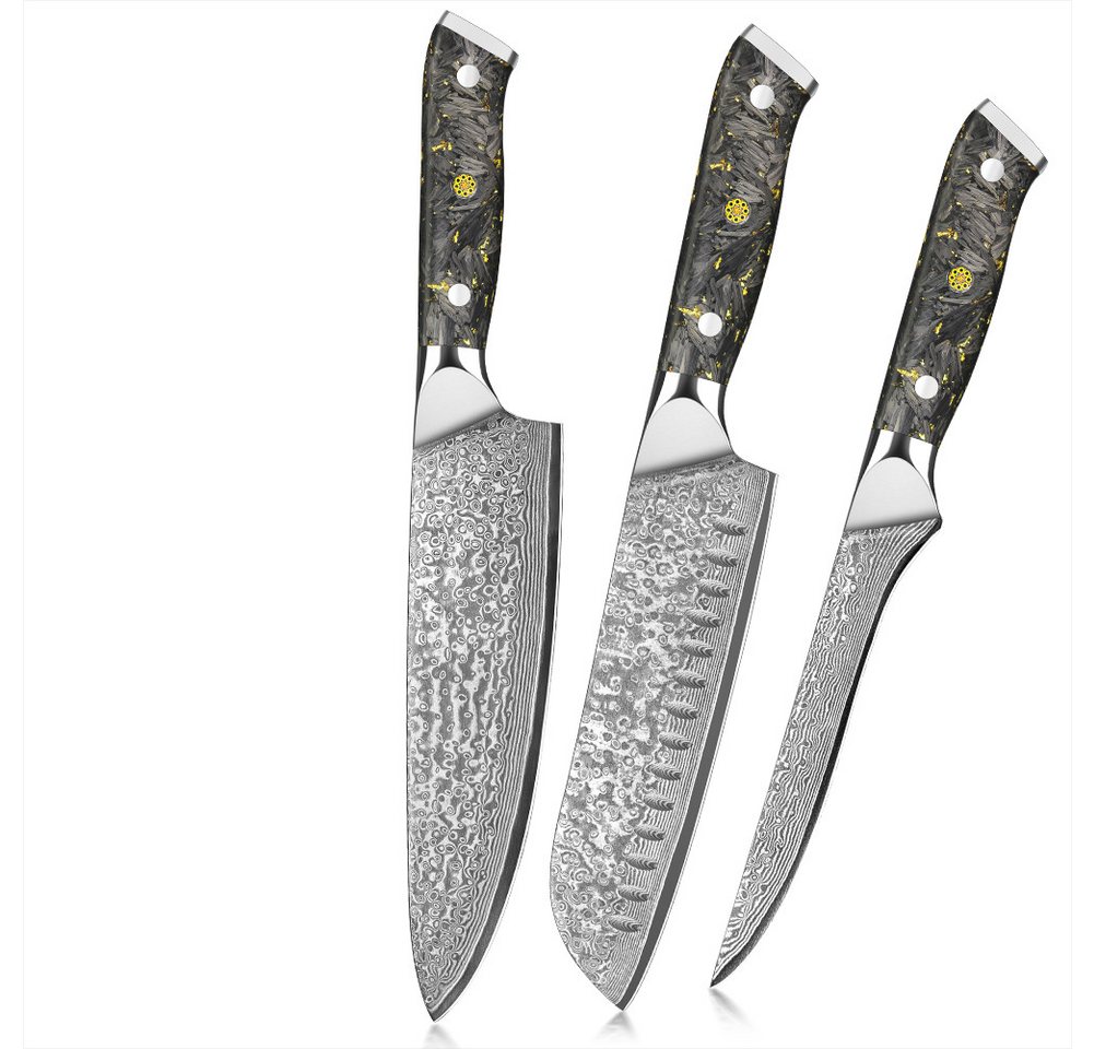 KingLux Messer-Set 3tlg.Damast Küchenmesser Damaszener Stahl Chef Santoku Filetiermesser (3-tlg) von KingLux