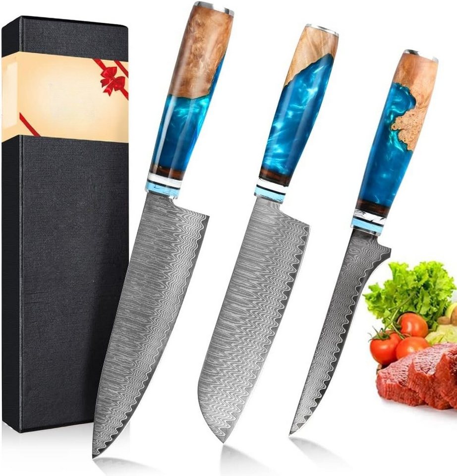 KingLux Messer-Set 3tlg.Damast Küchenmesser-Set Chef Santoku Ausbeinmesser (3-tlg) von KingLux