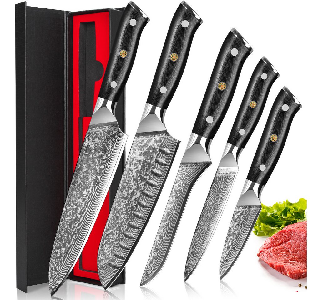 KingLux Messer-Set 5tlg. Damast Küchenmesser Chef Santoku Ausbein Allzweck Obst Messer (5-tlg) von KingLux