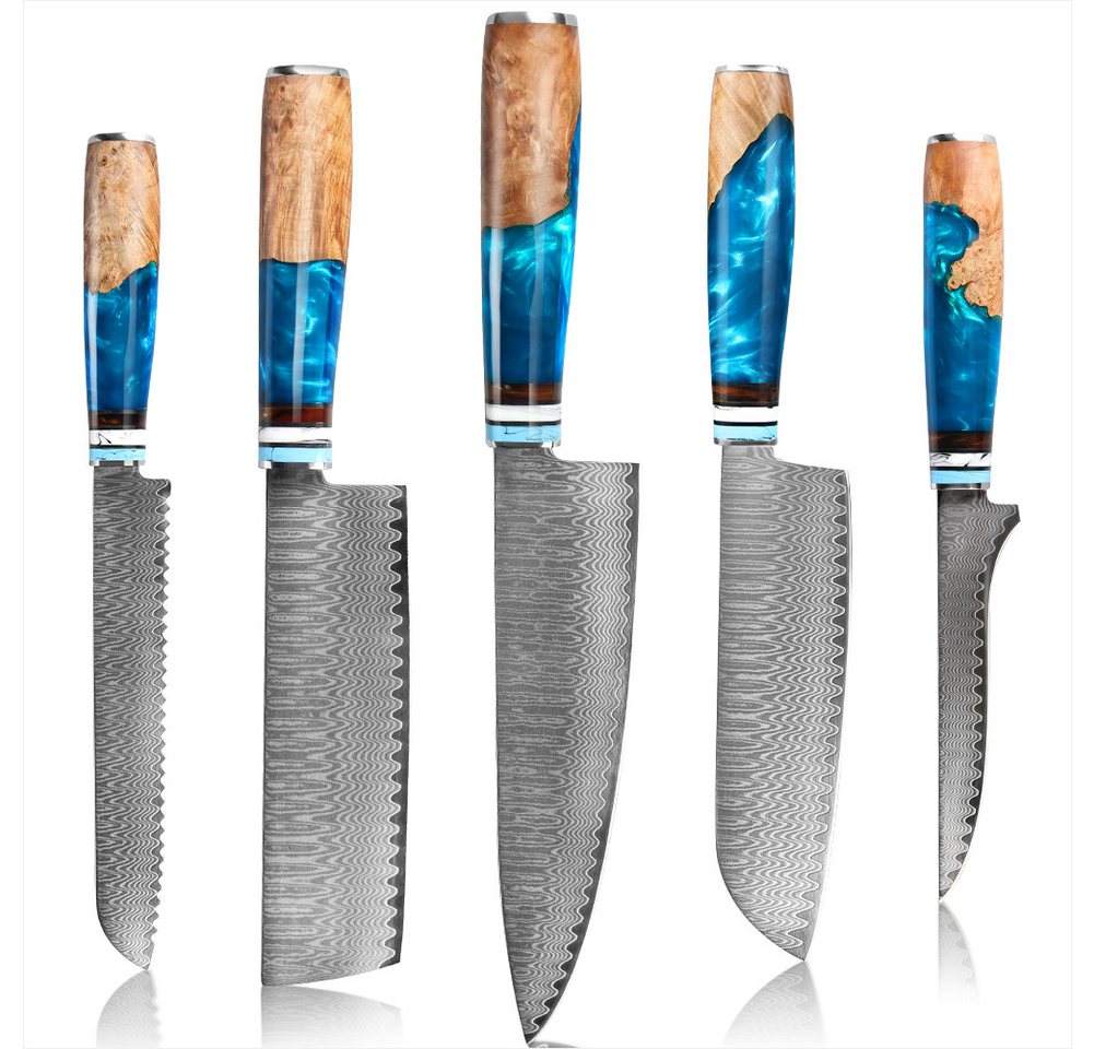 KingLux Messer-Set 5tlg.Damast Küchenmesser Chef Santoku Brot Ausbeinmesser (5-tlg) von KingLux