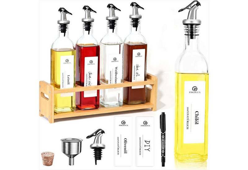 KingLux Ölspender 4Stk.Essig und Ölflaschen Set 500ml mit Rein Natürlich Bambus Regale, (4-tlg) von KingLux