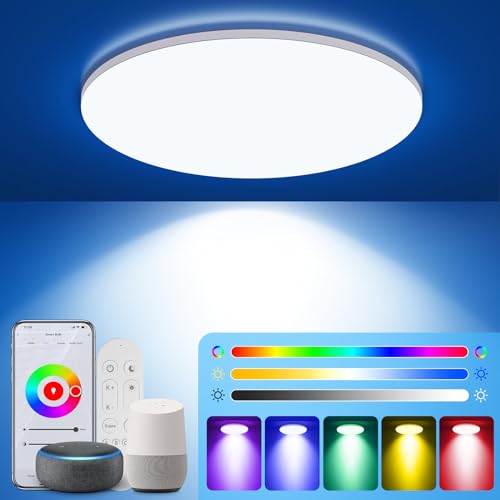 KingMile 24W LED Deckenleuchte,Smart LED Deckenlampe mit Fernbedienung,RGB LED Deckenleuchte Dimmbar,synchronisiert mit Musik,App-Steuerung und Kompatibilität mit Alexa/Google Assistant-Rund von KingMile