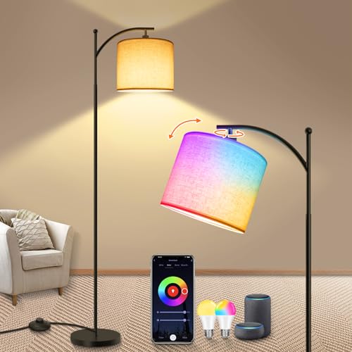 KingMile Stehlampe Wohnzimmer Stehlampe Dimmbar - WiFi RGBCW LED Standleuchte mit Alexa Google Home, Stoffschirm Leselampe APP Kontrolle Farbwechsel 9W E27 Modern Ecklampe für Wohnzimmer Schlafzimmer von KingMile