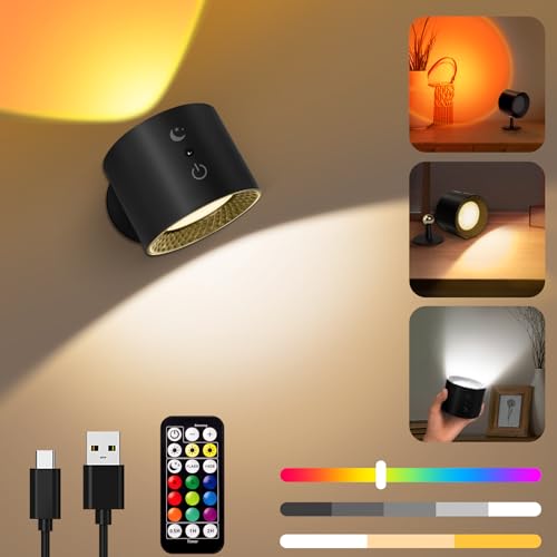 LED Wandleuchte Innen,Akku Wandlampe Ohne Stromanschluss mit Fernbedienung,RGB Touch Control Wandleuchten,Kabellos Nachttischlampe mit 3 Farbmodi,360° Drehbare Dimmbar Wandbeleuchtung für Schlafzimmer von KingMile