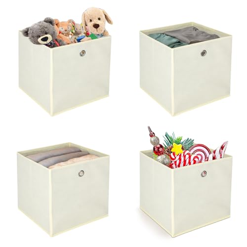 KingSaid 4 Stück Faltbox Faltbare Aufbewahrungsbox 32x32x32cm Stoffbox Faltkiste Schubladen Boxen mit Fingerloch Würfel Spielzeug-Organizer für Kallax Regale Raumteiler Beige von KingSaid