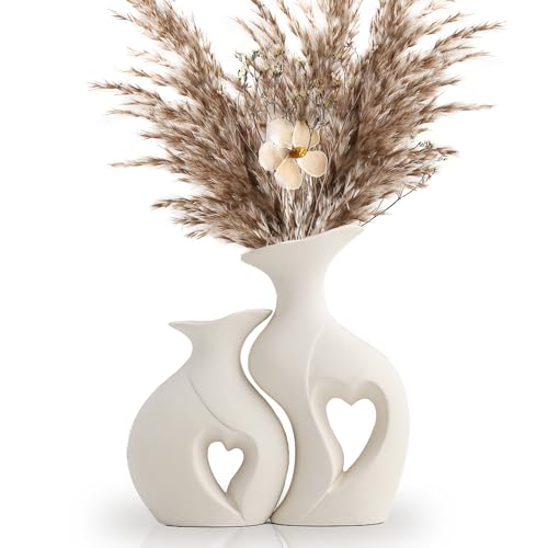 2er Set Keramik Vase Für Pampasgras, Hohle Vasen Boho-Dekoration, Moderne Blumenvase Für Hochzeitsfeiern, Abendessen Tisch, Für EIN Paar, White von Kingbar