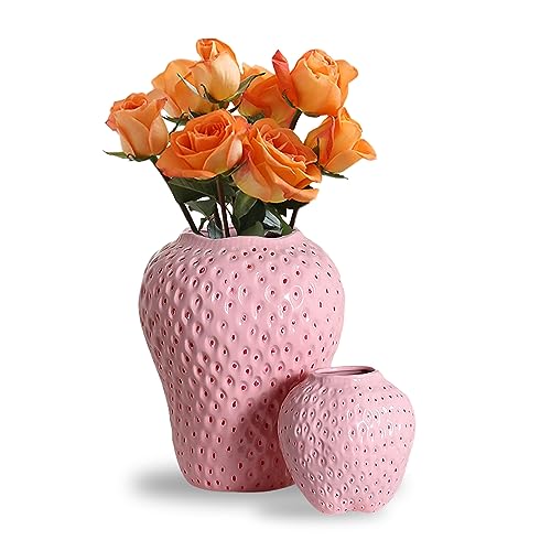 Erdbeer-Dekorative Keramik Vase, Modern Strawberry Vasen Für Pampasgras Blumen, Vintage Erdbeervase Für Wohnzimmer, Küche, Garten, Büro, Pink, 2PCS von Kingbar