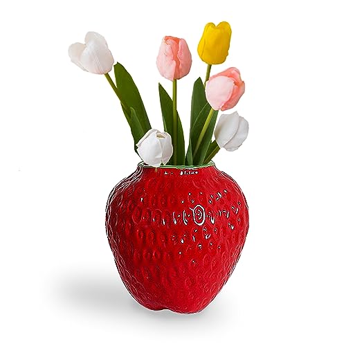 Erdbeer-Dekorative Keramik Vase, Modern Strawberry Vasen Für Pampasgras Blumen, Vintage Erdbeervase Für Wohnzimmer, Küche, Garten, Büro, Red, M von Kingbar