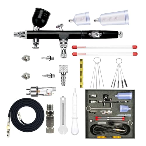 Kingbar Airbrush Set Dual-Action, Mit 0.2mm 0.3mm 0.5mm Düsen, Multifunktionale Handheld Airbrushpistole Mit Luftschlauch Und Reinigungsset, Perfekt Für Modellbau, Nailart, DIY, Black von Kingbar