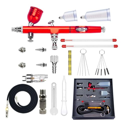Kingbar Airbrush Set Dual-Action, Mit 0.2mm 0.3mm 0.5mm Düsen, Multifunktionale Handheld Airbrushpistole Mit Luftschlauch Und Reinigungsset, Perfekt Für Modellbau, Nailart, DIY, Red von Kingbar