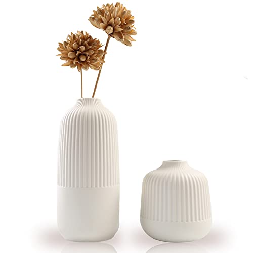 Kingbar Vase Keramik Mit Rillen,Vase Für Pampasgras, Grosse vase hoch mit Rillen Weiß Blumenvase Modern Vasen Deko für Trockenblumen, Büro und Esstisch von Kingbar