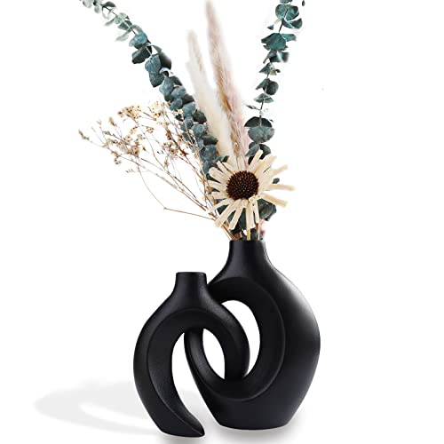 Vase Schwarz Matt, Keramik Vase Für Pampasgras,Vase Nordic Ring Form Modern Deko, Blumenvase Deko Wohnzimmer, Schlafzimmer,Heimdekoration von Kingbar