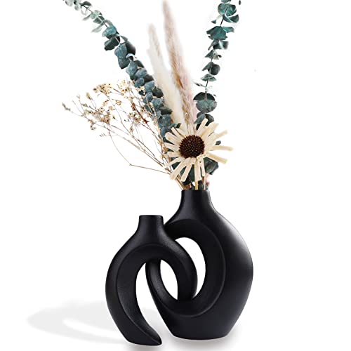 Kingbar Vase Schwarz Matt, Keramik Vase Für Pampasgras,Vase Nordic Ring Form Modern Deko, Blumenvase Deko Wohnzimmer, Schlafzimmer,Heimdekoration von Kingbar
