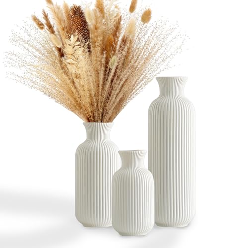 Kingbar Weiße Keramik Vase Set Von 3, Dekorative Matte Vasen Mit Rillen, Modernes Boho Vase Für Pampasgras, Trockenblumen, Deco Vasen Für Wohnzimmer, Schlafzimmer, Büro, A von Kingbar