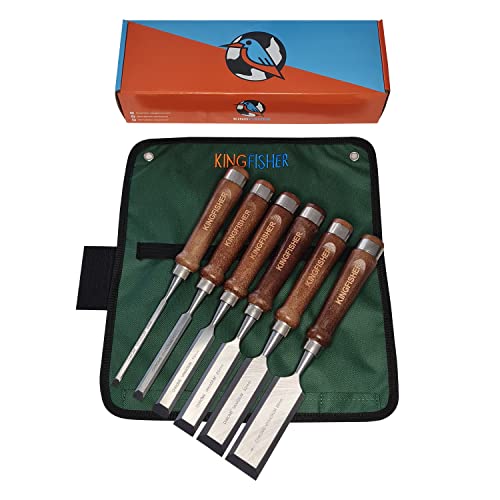 KINGFISHER Stemmeisen Stechbeitel Set / 6 Beitel Stemmeisen/Schnitzwerkzeug mit praktischer und aufhängbarer Stofftasche/Aufbewahrungstasche/Für Anfänger und Profis/Für Holzarbeiten/Chisels von Kingfisher
