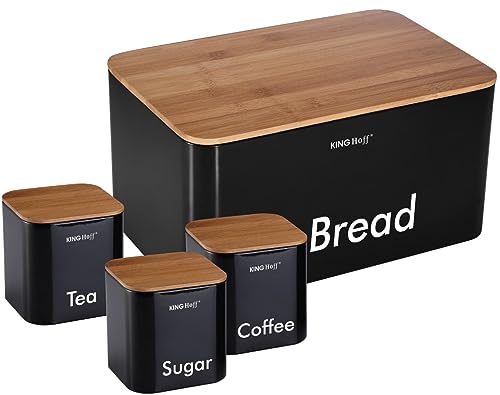 Kinghoff 4-teiliges Aufbewahrungsboxen-Set für die Küche, enthält Brot, Kekse, Tee, Kaffee, Zucker, Schwarz von Kinghoff