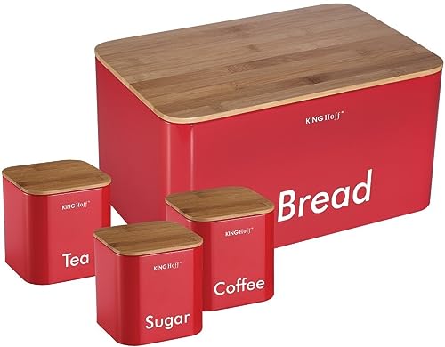 Kinghoff 4-teiliges Aufbewahrungsdosen-Set für die Küche, inklusive Brotkasten, Tee, Kaffee, Zucker, Dosen, Behälter, Vorratsgläser, Töpfe, Rot von Kinghoff