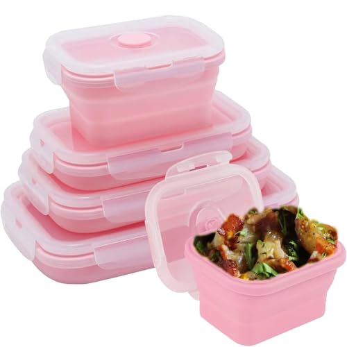 Kingmate 4er Set Food Storage Container Silikon Faltbare Vorratsdosen Frischhaltedosen-Set Frischalteboxen Kühlschrank-Dosen mit Deckel, BPA-frei Spülmaschinen Mikrowellen Geeignet, Pink von Kingmate