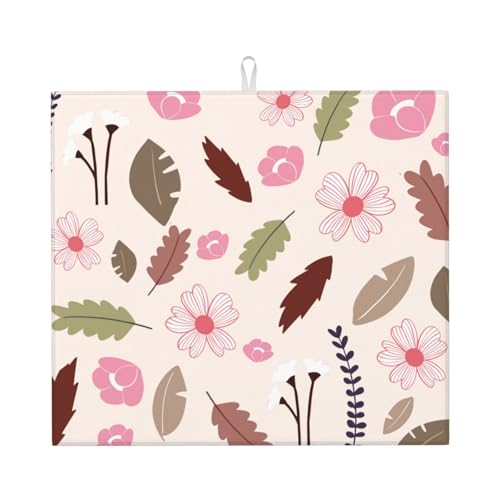 Kingmate Abtropfmatte -Geschirr Trocknungsmatte mit Leaves Motiv, Mikrofaser Küchenunterlage (Blumen Motiv B, 46×61cm) von Kingmate