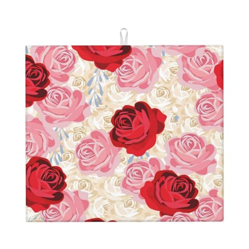 Kingmate Abtropfmatte -Geschirr Trocknungsmatte mit Leaves Motiv, Mikrofaser Küchenunterlage (Rosen Motiv, 46×41cm) von Kingmate