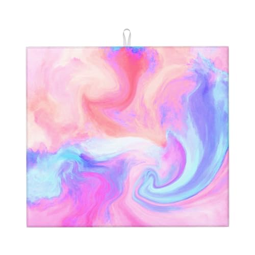 Kingmate Abtropfmatte -Geschirr Trocknungsmatte mit Leaves Motiv, Mikrofaser Küchenunterlage (Watercolor Pink Motiv, 46×41cm) von Kingmate