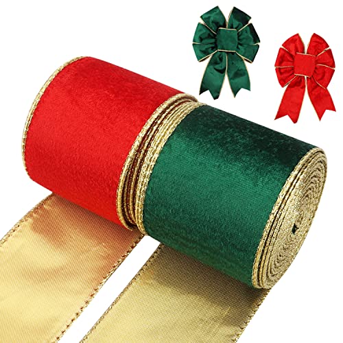 2 Rollen Weihnachtsbänder, rot-grüne Weihnachts-Samtbänder mit Goldrand, Samt-Drahtbänder für Weihnachtsverpackungen, DIY-Handwerk, Winter-Weihnachtsfest-Dekoration von Kingovalley