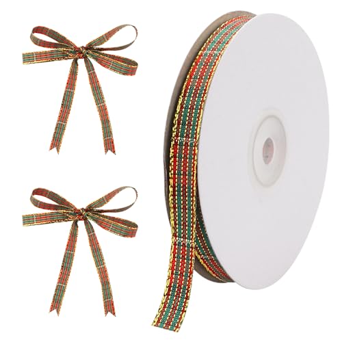 Weihnachtsband, 1,1 cm x 27 m, kariertes Weihnachtsband, rotes und grünes Gingham-Band mit Goldrand für Weihnachtsverpackungen, Bastelarbeiten, Kranz, Heimdekoration von Kingovalley