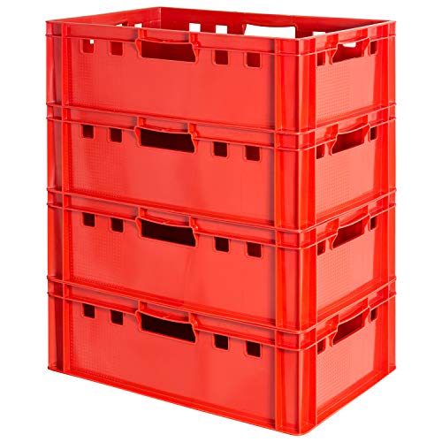 4 Stück E2 Fleischkisten Rot Kisten Eurobox Lebensmittelecht Metzgerkiste Box Aufbewahrungsbox Kunststoff Wanne Plastik Stapelbar Lagerkisten 60 x 40 Kingpower von Kingpower