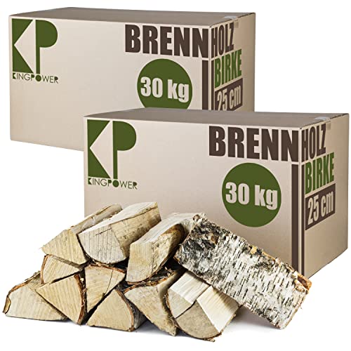 Brennholz Kaminholz Birkenholz 30, 60 und 90 kg Holz Birke Für Ofen Kamin Kaminofen Feuerschale Grill Feuerholz Holzscheite Wood 25 cm Kammergetrocknet Kingpower, Menge:60 kg von Kingpower