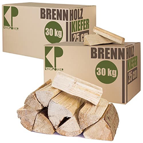 Brennholz Kaminholz Kiefer 30, 60 und 90 kg Holz Für Ofen und Kamin Kaminofen Feuerschale Grill Feuerholz Holzscheite Wood 25 cm kammergetrocknet Kingpower, Menge:60 kg von Kingpower