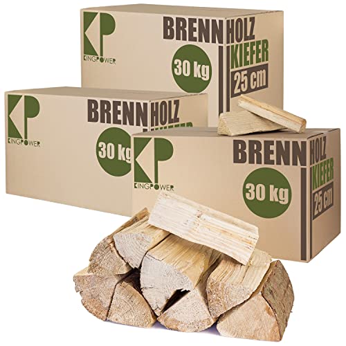 Brennholz Kaminholz Kiefer 30, 60 und 90 kg Holz Für Ofen und Kamin Kaminofen Feuerschale Grill Feuerholz Holzscheite Wood 25 cm kammergetrocknet Kingpower, Menge:90 kg von Kingpower