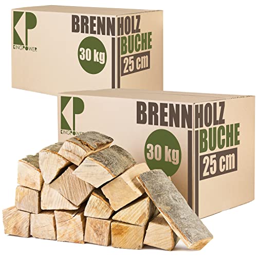 Buche Brennholz 25 cm Kaminholz 30, 60 oder 90kg für Kaminofen Lagerfeuer Feuerschale Ofen Grill Buchenholz kammergetrocknet ofenfertig Holzscheite Kingpower, Menge:60 kg von Kingpower