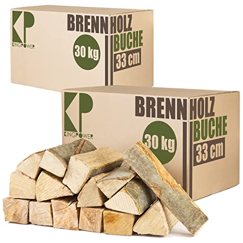 Buche Brennholz 33 cm Kaminholz 30, 60 oder 90kg für Kaminofen Lagerfeuer Feuerschale Ofen Grill Buchenholz kammergetrocknet ofenfertig Holzscheite Kingpower, Menge:60 kg von Kingpower