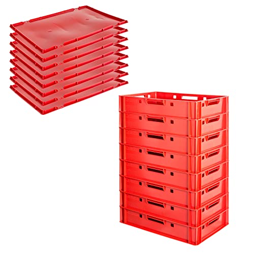 Kingpower Fleischerkiste E1 mit Deckeln, Rot, Stapelbar, Lebensmittelecht, 60 x 40 x 12,5 cm (Außenmaß), 57 x 37,3 x 12 cm (Innenmaß), 8 Stück von Kingpower