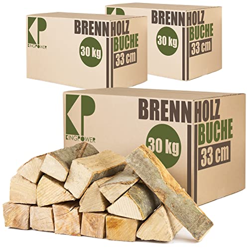 Reine Buche Brennholz 25cm und 33cm Kaminholz 90kg für Kaminofen Lagerfeuer Feuerschale Ofen Grill Buchenholz kammergetrocknet ofenfertig Holzscheite Kingpower, Länge:33 cm von Kingpower