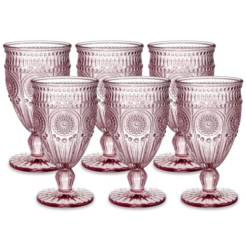 Kingrol 6 Stück Vintage Wasserkelche, 284 ml Weingläser, gemischte Getränkegläser, romantisches rosa Trinkgeschirr-Set für Hochzeit, Party, den täglichen Gebrauch von Kingrol