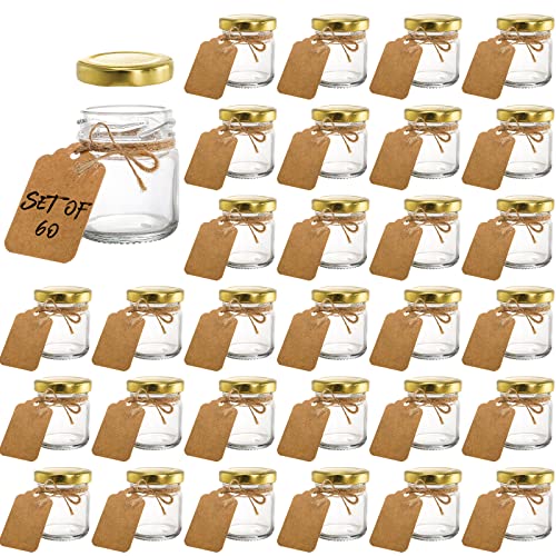 Kingrol 60 Stück 45ml Honig Glasgläser mit Deckel, Glas Klein Einmachgläser Mini Marmongläser mit personalisierten Etiketten und Schnur für Gewürze, Kräuter, Marmelade, Handwerk, Gastgeschenke von Kingrol