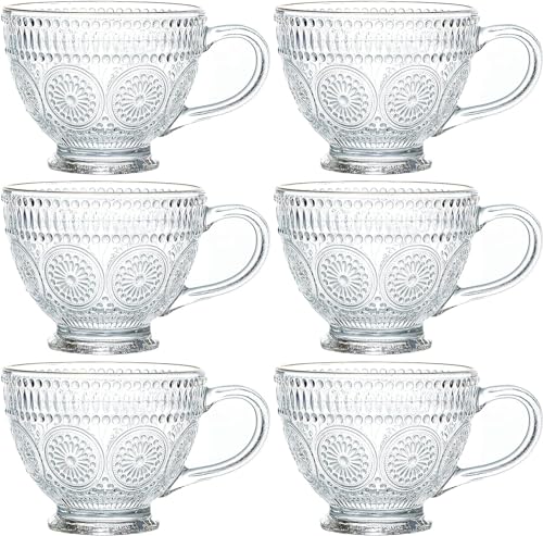 Kingrol 6 Stück Glaskaffeebecher mit Henkel, 380ml geprägte Teetassen, Vintage-Trinkglas für Wasser, Milch, Latte, Cappuccino, Dessert, Getränk von Kingrol