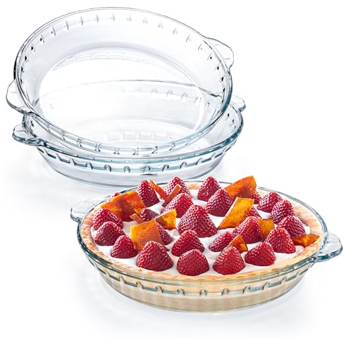 Lawei 3 Stück Glasbackplatte Pie Form Glas Backform Glas-Kuchenteller mit Griffen 21cm Glas Pie Dish Pieformen Kuchenform mit Griffen Pie Plate Pie Backform Glas für Snacks, Salate, Desserts von Kingrol