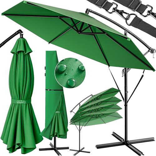 Kingsleeve® Sonnenschirm UV Schutz 80+ Ø 330 cm Groß mit Ständer Schutzhülle Windsicherung Neigbar Rund Kurbel Garten Balkon Ampelschirm Grün von Kingsleeve