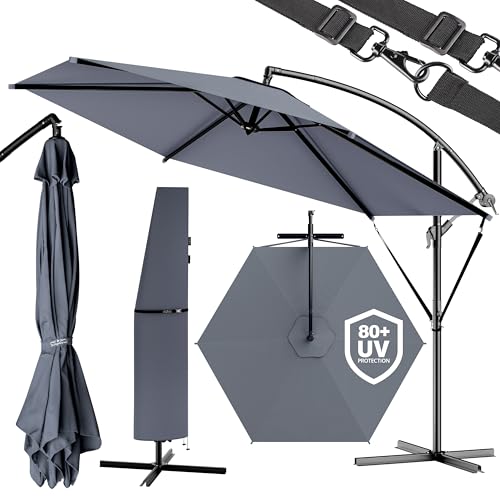 Kingsleeve® Sonnenschirm UV Schutz 80+ Ø 300 cm Groß mit Ständer Schutzhülle Windsicherung Neigbar Rund Kurbel Garten Balkon Ampelschirm Anthrazit von Kingsleeve