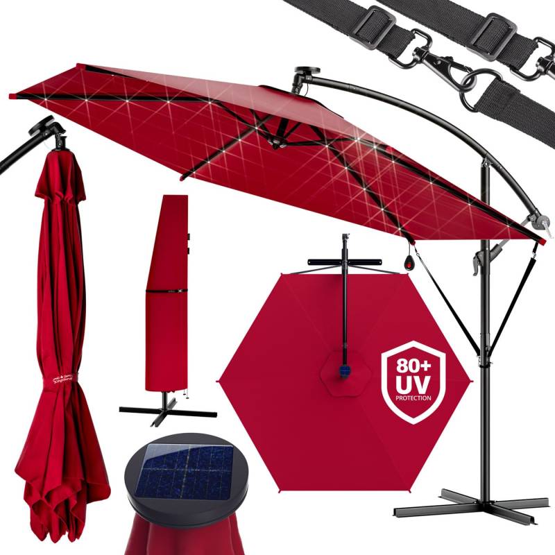 LED Solar Ampelschirm Ø307cm Haiti mit UV-Schutz 80+ Kurbel & Schutzhülle Rot von Kingsleeve®
