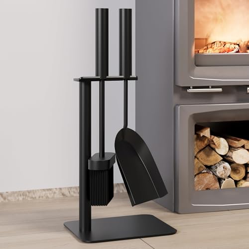 Kingson 3-teiliges Kaminwerkzeug-Set inklusive Bürste, Schaufel und Ständer 16 x 16 x 35,5 cm Kaminofen Zubehör Komplettset Kaminbesteck schwarz von Kingson