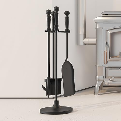 Kingson 4-teiliges Kaminwerkzeug-Set aus Gusseisen, inklusive Bürste, Schaufel, Schürhaken, Ständer, Durchmesser 16,5 x 53 cm, Kaminbegleiter-Set von Kingson