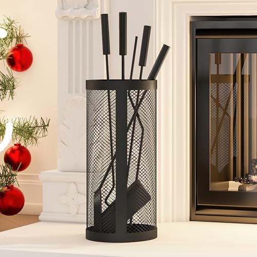 Kingson Kaminbesteck-Set, abgerundet, inkl. Eimer, Schaufel, Schürhaken, Bürste und Zange, 17 x 35 cm Eimer, 51 cm Werkzeug, 5-teilig, Schwarz von Kingson