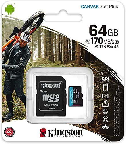 Kingston 64 GB microSDXC Canvas Go Plus 170 MB/s Lesen UHS-I, C10, U3, V30, A2/A1 Speicherkarte + Adapter (SDCG3/64GBCR) von Kingston