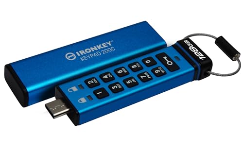 Kingston IronKey Keypad 200C 128GB Verschlüsselter USB | Alphanumerische Tastatur | Multi-Pin-Zugang | XTS-AES 256-bit | FIPS 140-3 Level 3 Zertifiziert (Ausstehend) | IKKP200C/128GB, Blau von Kingston
