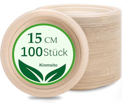 Kinmsito 100 Stück Einwegteller,15cm Bagasse Pappteller,Einweg Teller,braun Rund Einweggeschirr klein Partyteller,Robuste Dessertteller Einwegteller für Picknicks und Grillpartys von Kinmsito