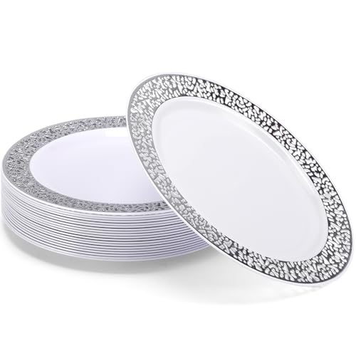 Kinmsito 20 Stück Plastikteller mit Silbernem Rand,19cm Weiße Dessertteller,Premium Mehrweg Kunststoffteller,Wiederverwendbare Stabiles Hartplastik Partyteller für Hochzeiten,Partys von Kinmsito